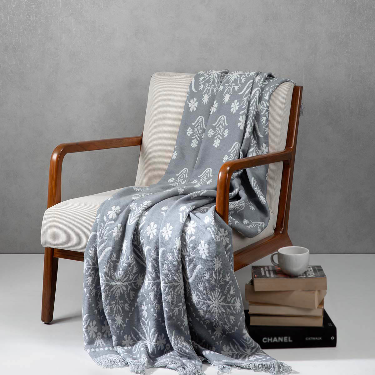 Grey Reversible Floral Throw