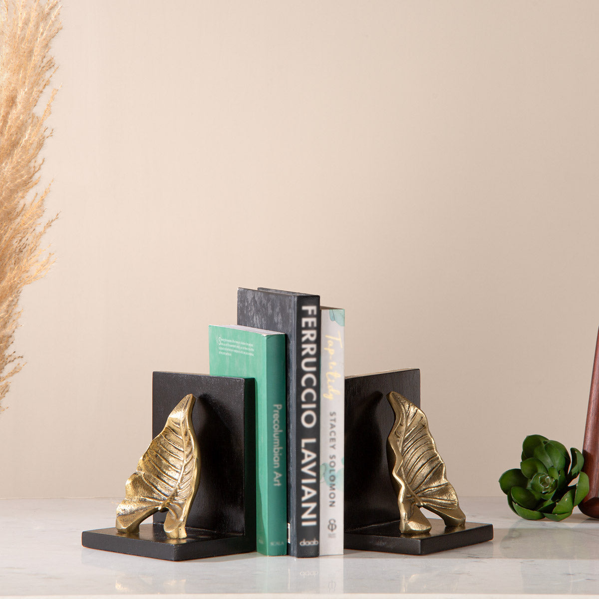Left Bookend Leaf Bookend Set Antique Gold Metal Black Wood Base – IAAH